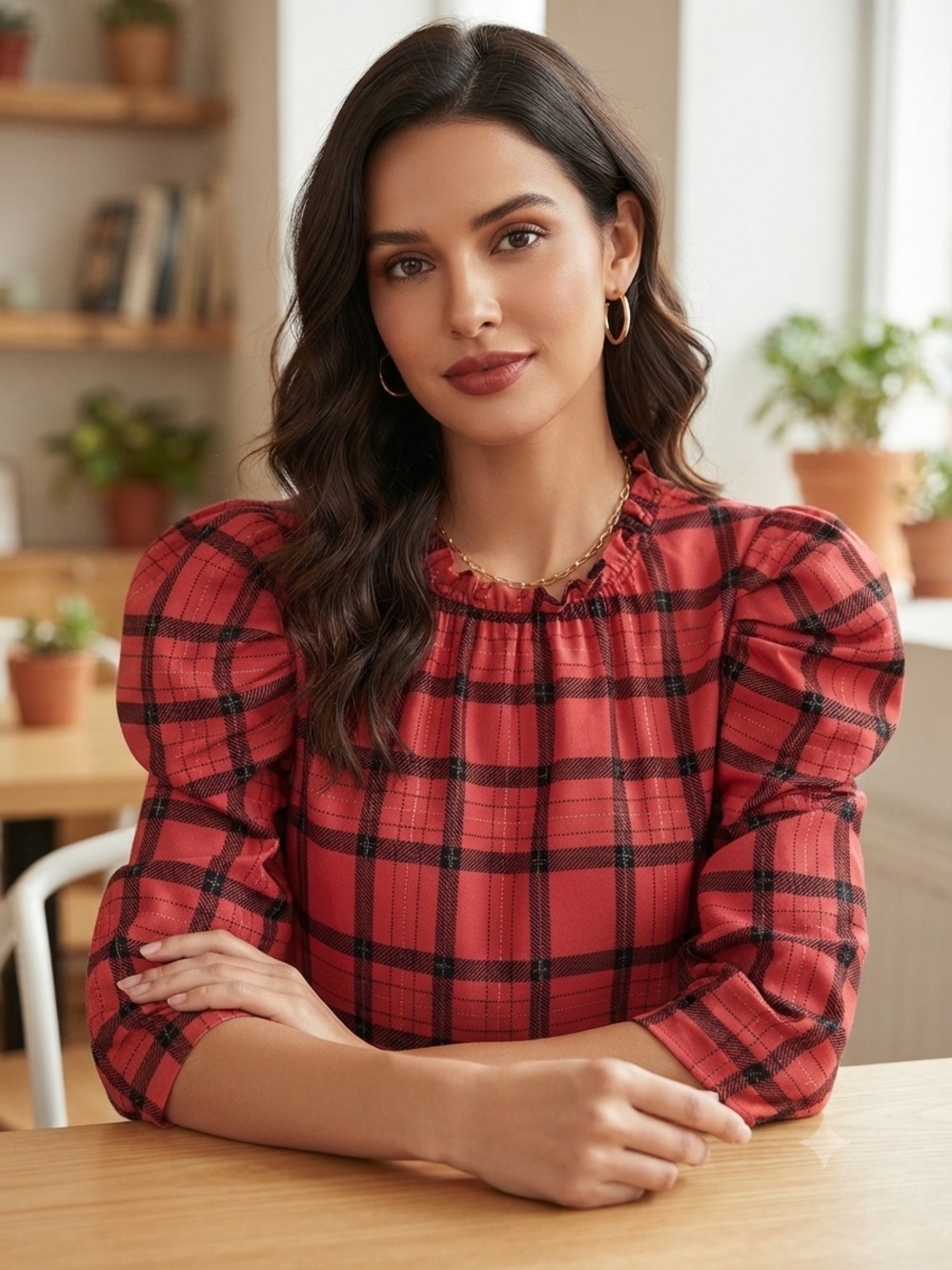 Sugarlips Red and Black Plaid Puff Sleeve Blouse